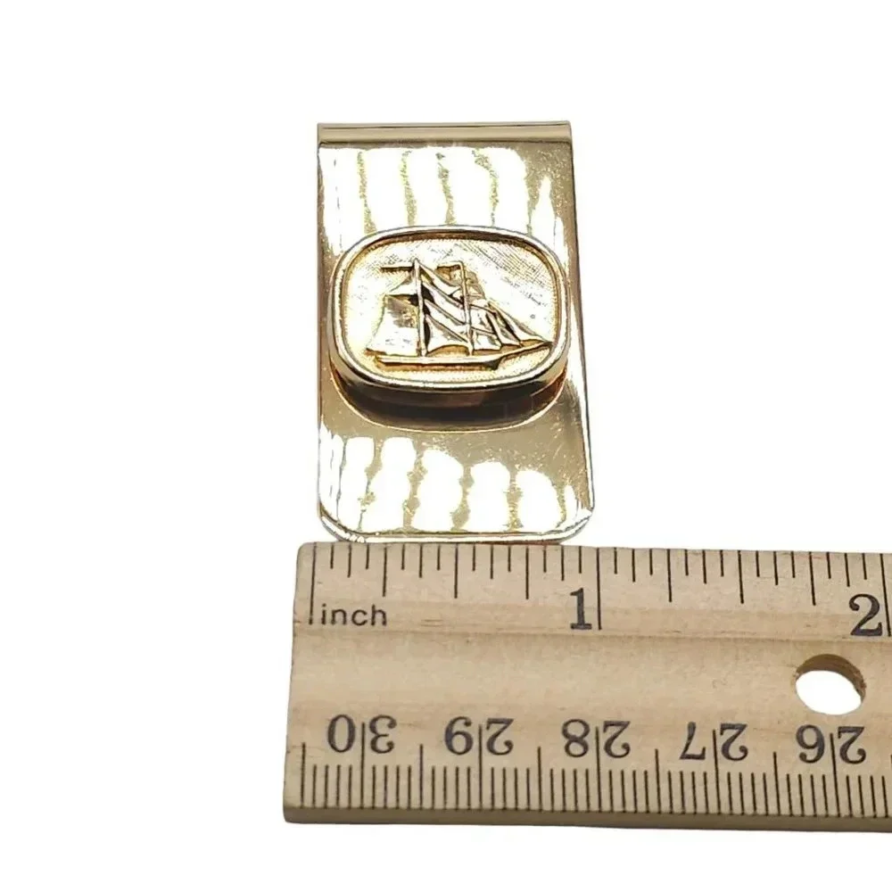Nautical Ship Glossy Gold Tone Money Clip Vintage New Old Stock